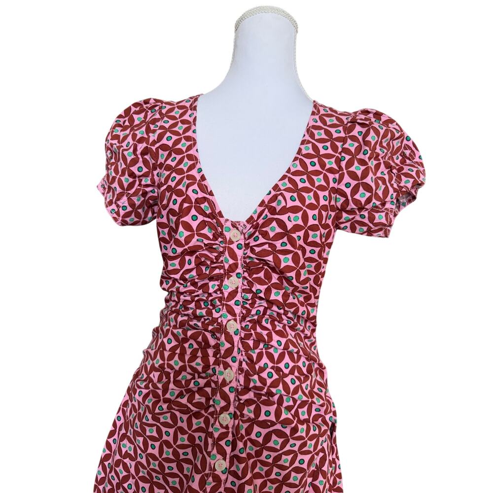 Free People Oakley Mini Geometric Print Mini Dress Pink Puff Sleeve Ruched - Picture 4 of 10